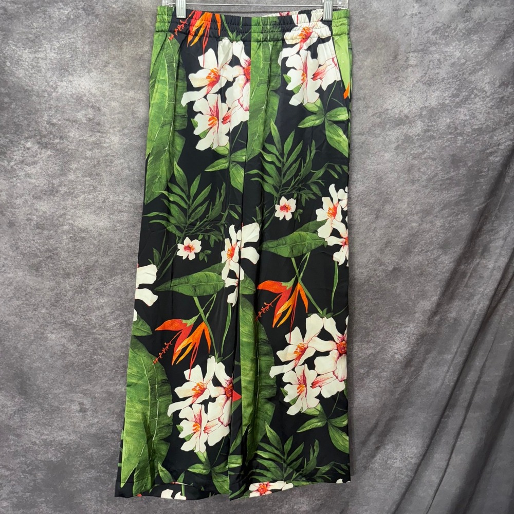 Ralph Lauren Tropical Floral Wide Leg Pajama Pants Size S Satin Black Green